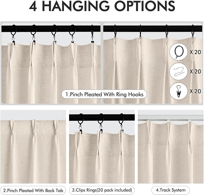 Memory Trained Pinch Pleated Curtains 84 Inches Long, Viral Linen Pinch Pleat Sheer Curtains with Ring Hooks&Clips for Track System Living Room, Warm Beige Light Filtering Privacy Curtain 2 Panel Set