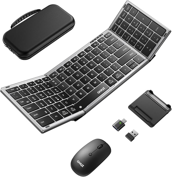 Portable Foldable Keyboard and Mouse Combo, Bluetooth×2+USB A+USB C(4 in 1) Connection, Keyboard Lock, Full Size Folding Wireless Rechargeable Silent Design for Travel/Home/Office-Black Gray
