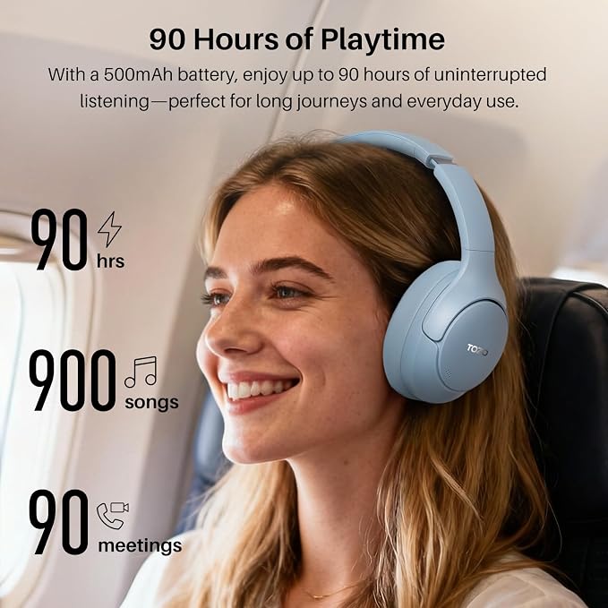 TOZO HT3 Hybrid Noise Cancelling Headphones, 90H Battery Life Wireless Over Ear Bluetooth 6.0 Foldable Headset, AI Voice Assistant with 5 Mics, Connect 2 Devices and Hi-Res Sound, 32 EQ Audio Presets