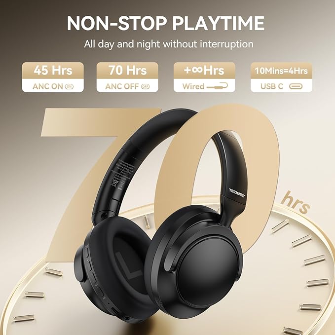 TECKNET Noise Cancelling Headphones Wireless & Wired, 70H Playtime Bluetooth Headphones Wireless Over Ear Built-in Mic,3.5mm Cable Dual Connection Foldable Headset Comfort for Home Office Travel,Black