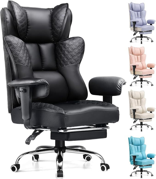 GTPLAYER Big and Tall Office Chair Wide Ergonomic Gaming Chair with Deluxe Embossing Designed Leather with Foot Rest,150°Reclining Adjustable Soft Armrests Pocket Spring Back Support and Pillow