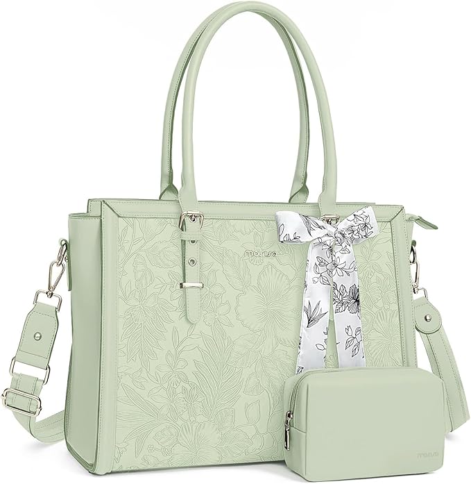 MOSISO Laptop Bag for Women, 17-17.3 inch PU Leather Tote Bag Compatible with MacBook, HP, Dell, Asus Notebook, Front Embossed Retro Hibiscus Computer Bags with Silk Scarf&Clutch Purse, Sage Green