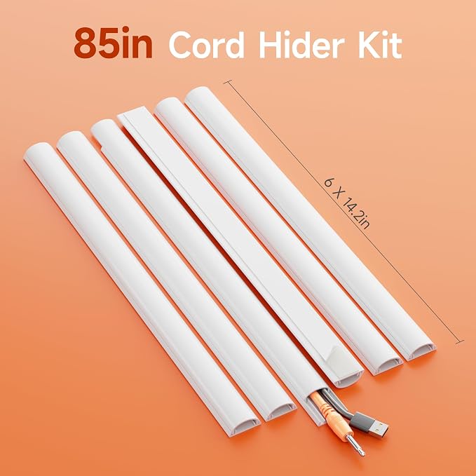 Delamu 85in Adhesive Cord Hider Wall, Mounted TV Cord Cover Kit, Multiple Cable Raceways for Wall Corner, Wire Cover Hiders for 1-2 Cables, 1.18" W X 0.43" H, White