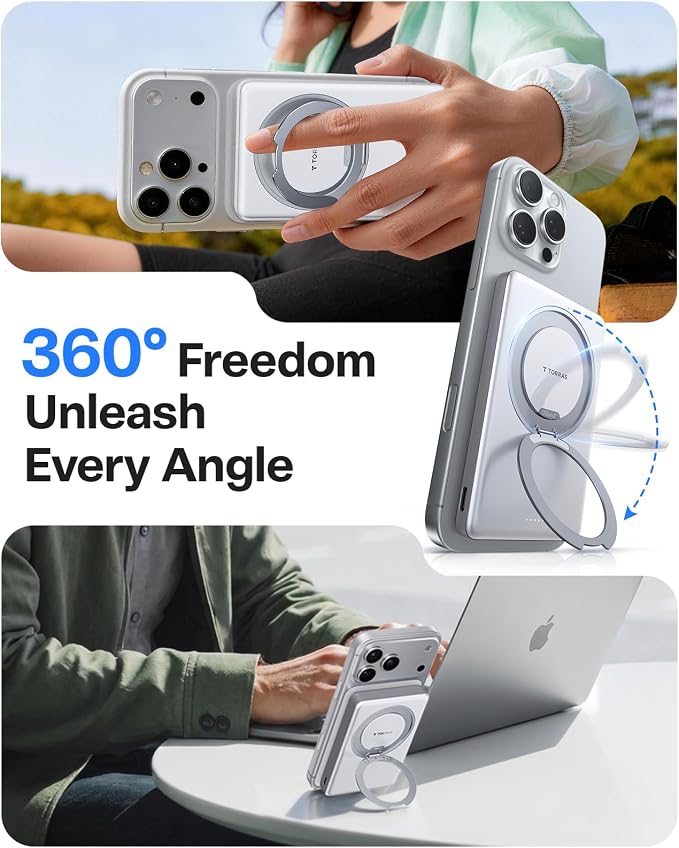 TORRAS Ostand Minimag 10000mAh Magnetic Portable Charger, 360° Rotatable Stand, 15W Wireless & 22.5W Fast Charging Battery Pack for iPhone 17/16/15/14 Pro Max Plus - White