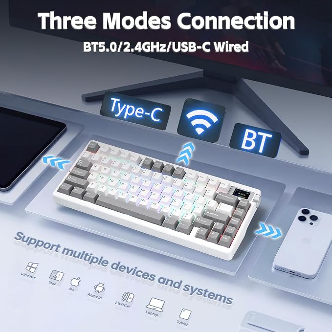 X Aula Nova75 Mechanical Gaming Keyboard,75% Compact Wireless Keyboard with Screen & Knob,Gamer for Pre-lubed Switches 8000mAh Computer Keyboards,RGB Backlit,Custom Hot Swappable,BT/2.4GHz/USB-C