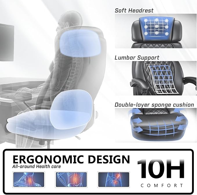 400lbs Executive Office Chair with Foot Rest for Heavy People, Ergonomic Big and Tall Desk Chair with Adjustable Headrest, High Back PU Leather Comfy Heavy Duty Computer Chair with Spring Cushion