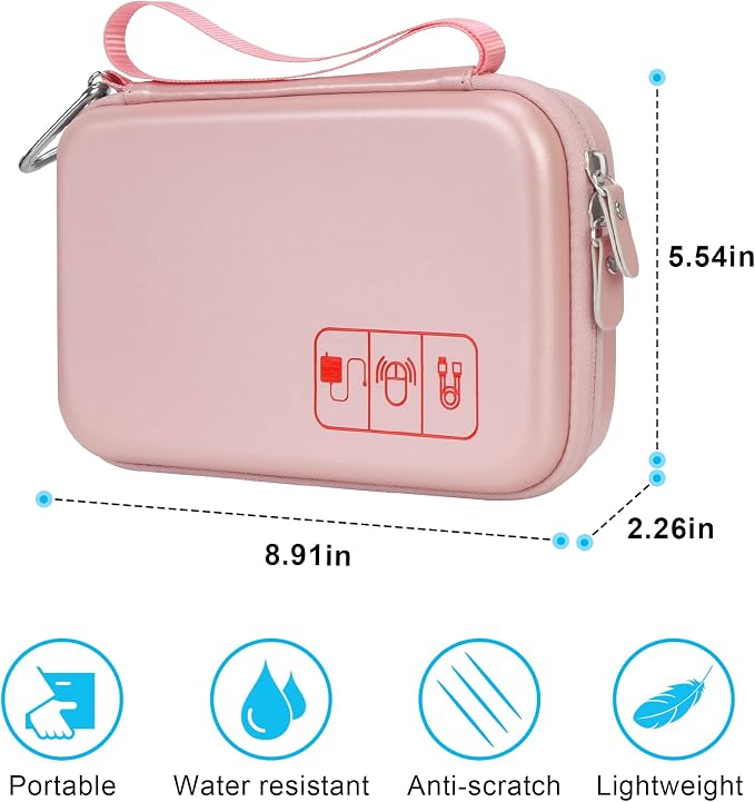 Elonbo Hard Travel Cords Organizer Universal Small Electronic Accessories Carrying Case for Chargers Cable MacBook Adapter Magic Mouse Apple Pencil USB Flash Disk Tech Portable Storage Bag, Rose Gold