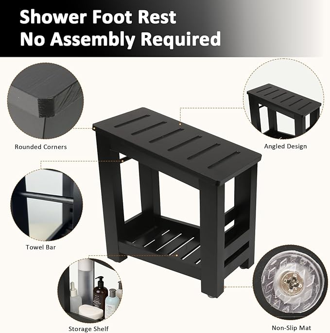 Bamboo Shower Foot Rest Stool for Shaving Legs & Pedicure, Non-Slip Bathroom Foot Step with Storage Pocket, Solid & Water-Resistant,Natural (Black)