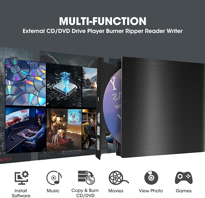 ROOFULL USB 3.0 & USB-C External CD DVD Drive with Protective Carrying Case, Portable CD DVD Optical Disc Drive Reader Writer Burner Player for Laptop PC Windows 11/10 Mac MacBook Linux OS