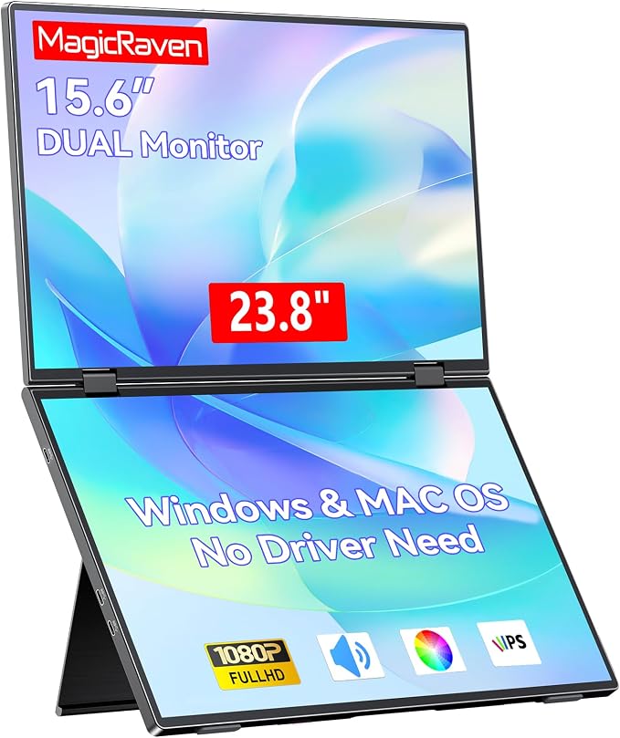 MAGICRAVEN Portable Dual Monitor for Laptop, Foldable Laptop Screen Extender, Plug & Play No Driver, 1080P FHD IPS Triple Screen for Travel & Office, Compatible with Mac, Windows - 15.6"