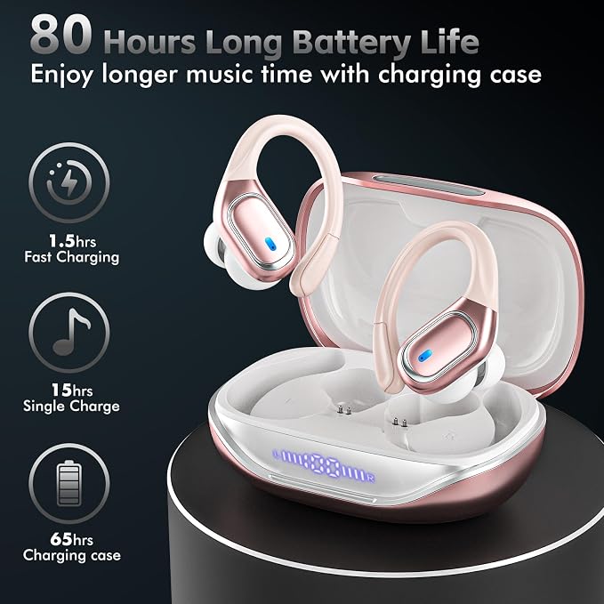 HAOYUYAN Wireless Earbuds Bluetooth 5.3 Headphones with 80H Playback, IPX7 Waterproof Over Ear Buds with LED Power Display for Sports Running Workouts（Champagne Gold）
