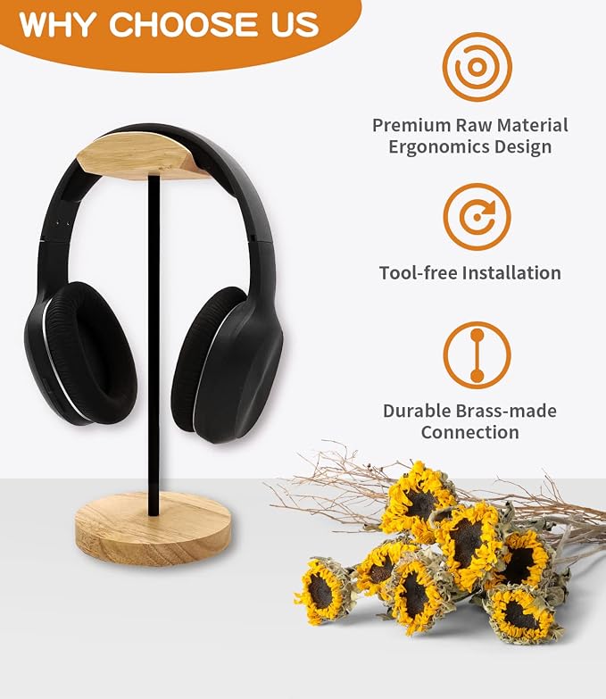 Headphone Stand Nature Wood & Metal Headset Hanger Mount Hook Gaming Holder Desktop Earphone Artful Functional Craftmanship Stand for All Headsets with Solid Wooden Base