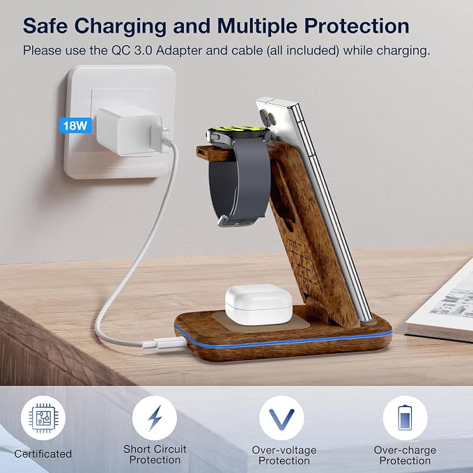 Wireless Charger for Samsung/Android, HOLYJOY Foldable 3 in 1 Fast Charging Station/Stand/Multi Charger for Samsung S25 Ultra/S24/Note 20, Travel Pad for Galaxy Watch 8/7/6/5/Active 2, for Buds(Wood)