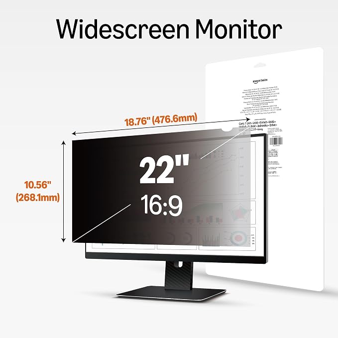 Amazon Basics Privacy Screen Filter -22 Inch 16:9 Widescreen Monitor, Anti-Spy, High Clarity, UV Protection, Eye Protection, Anti Glare & Blue Light Filter, Anti-Scratch (22" 16:9, 18.76"x10.56")