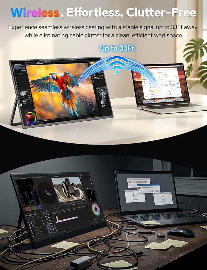 HotYeah 18.5" 100Hz Wireless Portable Monitor w/Rechargeable 10000 mAh Battery, Support AirPlay Miracast, 1080P IPS Monitor USB-C HDMI External Display, 2nd Screen for Laptop MacBook PC Phone Tablet