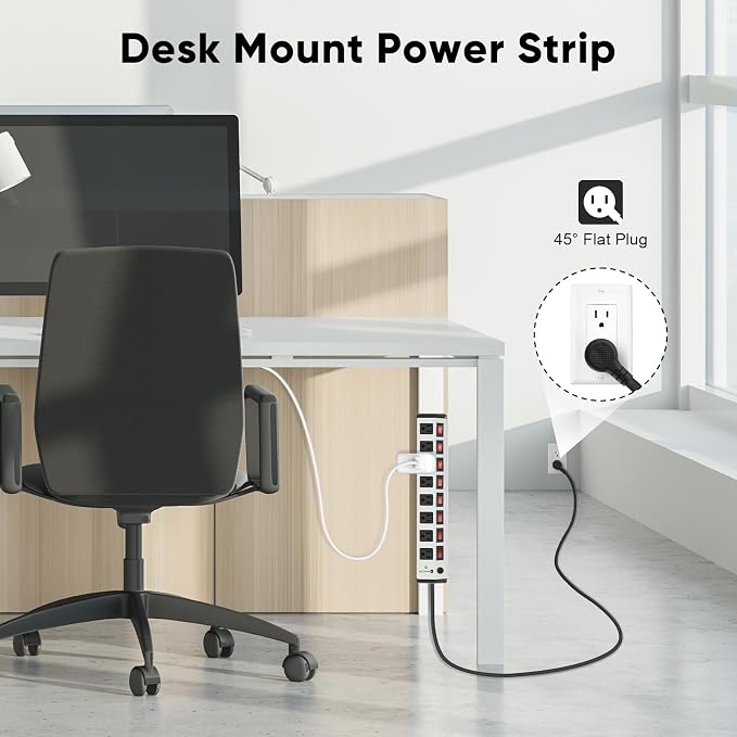 8 Outlet Metal Power Strip with Individual Switches,Heavy Duty Appliance Power Strip with Flat Plug,1200J Surge Protector,10FT Extension Cord,15A 120V 1800W,Home Office School Shop Industrial