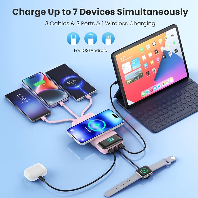 YHO Wireless Portable Charger 40800mAh for iPhone with Built-in Cables, Wireless Charging USB C Power Bank,25W PD Fast Charging Travel Essential Battery Pack for iPhone 17/16/15,Android-Pink