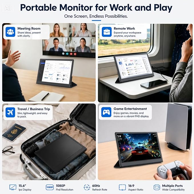 Portable Monitor 15.6 inch FHD1080P USB C HDMI Travel Monitor with Kickstand, IPS Gaming External Monitor for Laptop, PC, Phone, PS, Xbox, Swich
