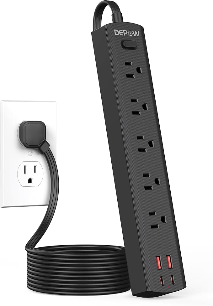 DEPOW Black Surge Protector Power Strip, Ultra Thin 5 Ft Flat Plug Extension Cord, 1700 Joules, 5 Widely Spaced Outlets with 4 USB Ports (2USB-C), 1625W/13A, Wall Mount for Home Office, Black