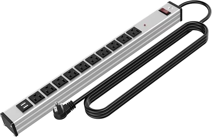 Oviitech10 Outlets Aluminum Power Strip Metal Socket Heavy Duty with 6 Ft Extension Cord, Workshop, Industrial, 15A, 125V, 1875W. Silver and Black