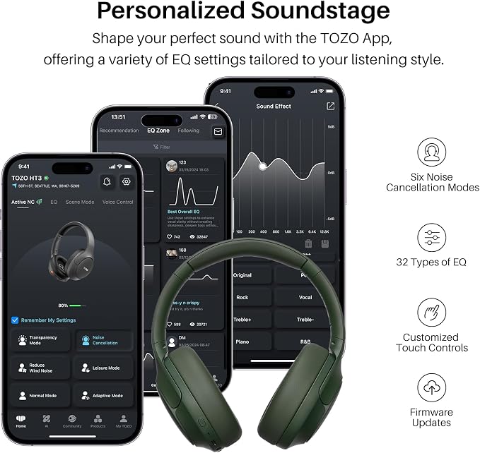 TOZO HT3 Hybrid Noise Cancelling Headphones, 90H Battery Life Wireless Over Ear Bluetooth 6.0 Foldable Headset, AI Voice Assistant with 5 Mics, Connect 2 Devices & Hi-Res Sound, 32 Audio EQ, with Case