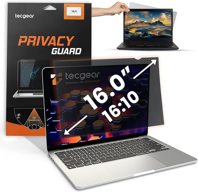 16 Inch Laptop Privacy Screen Filter 16:10 | Anti Glare Blue Light Blocking Screen Protector | Removable Privacy Shield for Laptop and Notebook Computer | Adhesive and Hang Tab Installation