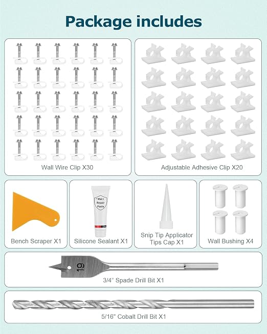 Starlink Cable Routing Kit for 3/4inch Wall Hole 4 PCS White Cable Grommet for Starlink Wall Pass Through Kit with 3/4” Spade Drill Bit, 5/16" Cobalt Drill Bit, Wall Wires Cilp and Cabling Tools