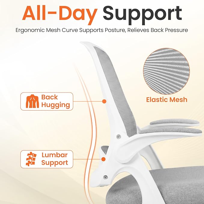 NEO CHAIR Office Chair Computer Desk Chair Ergonomic Gaming Comfy Mesh with Flip-up Arms Lumbar Support Adjustable Height Rolling Wheels for Home Office (Grey)