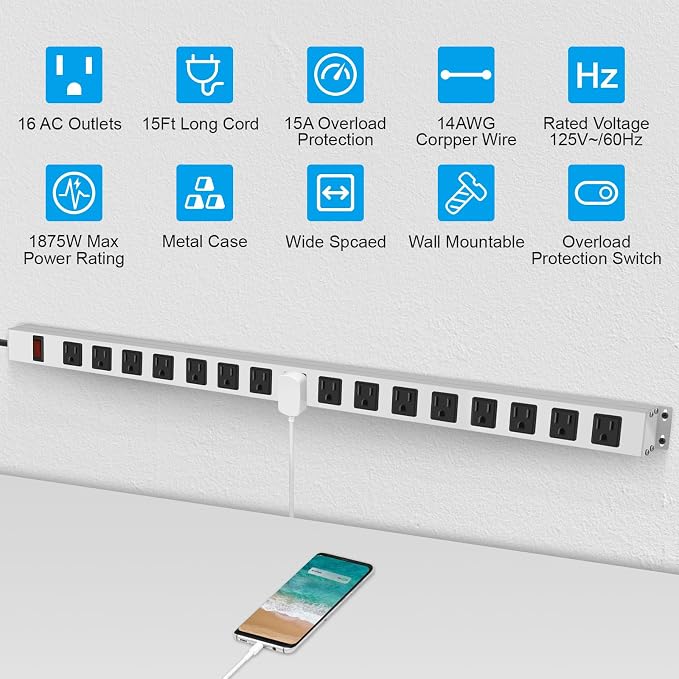 JUNNUJ Metal 16 Outlet Power Strip, Mountable Heavy Duty Power Strip, 1200J Surge Protector Wall Mount Screws Outlet with Switch, Gaming Desk Strips Wide Spaced 15A 125V 1875W, 15 FT 14AWG Power Cord