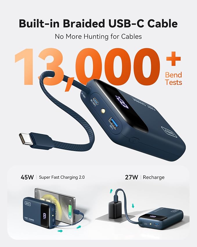 INIU 20000mAh Power Bank, Small 45W PD Fast Charging Portable Charger with Built-in USB C Cable, Flight-Safe Travel External Phone Battery Pack for iPhone 17 Pro Max Samsung S26 iPad etc, Blue