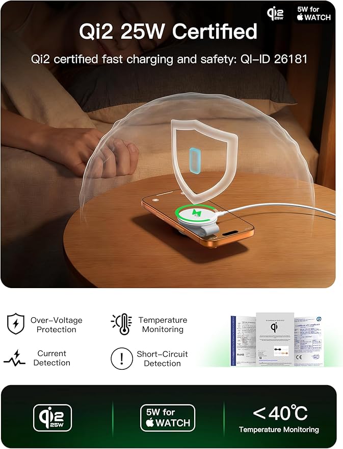 2 in 1 Magnetic Wireless Charger, Qi2 25W Fast Charging Travel Station Pad Compatible with MagSafe for iPhone Air/17/16/15/14/13/12, 5W for Apple Watch, AirPods 4/3/2/Pro with 30W Adapter (White)