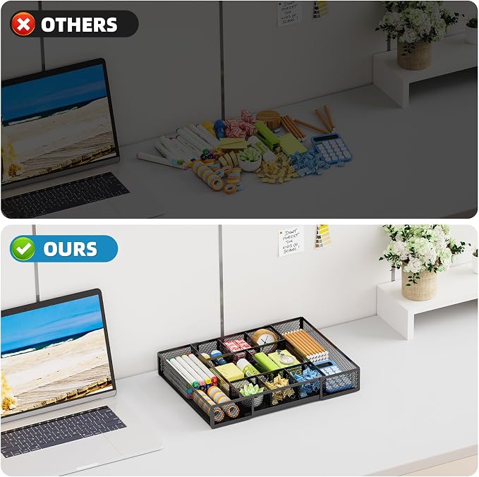 Marbrasse Expandable Desk Drawer Organizer, Mesh Drawer Organizer Tray with 10 Adjustable Compartments, Desk Organizers and Accessories for Office Supplies, Makeup & Vanity (Expandable Black-2 pack)