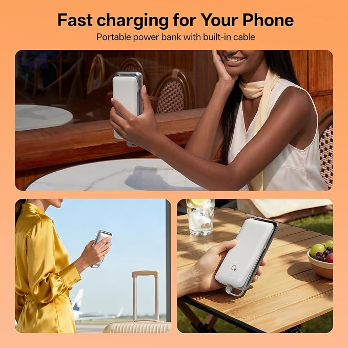 Portable Charger with Built-in Cables and AC Wall Plug, USB C External Battery Pack, 10000mAh Travel Essentials Power Bank Compatible with iPhone17/16/15/14/13, Samsung Galaxy, Pixel,Tablet and More