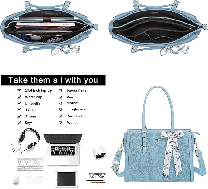 MOSISO Laptop Bag for Women, 15.6-16 inch PU Leather Tote Bag Compatible with MacBook, HP, Dell, Asus Notebook, Front Embossed Retro Hibiscus Computer Bags with Silk Scarf&Clutch Purse, Air Blue