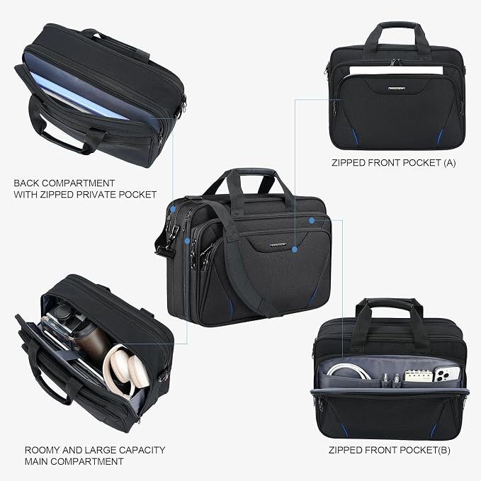 KROSER Laptop Bag Premium Laptop Briefcase Fits Up to 17.3 Inch Laptop Expandable Water-Repellent Shoulder Messenger Bag Computer Bag for Travel/Business/Men/Women-Black/Blue