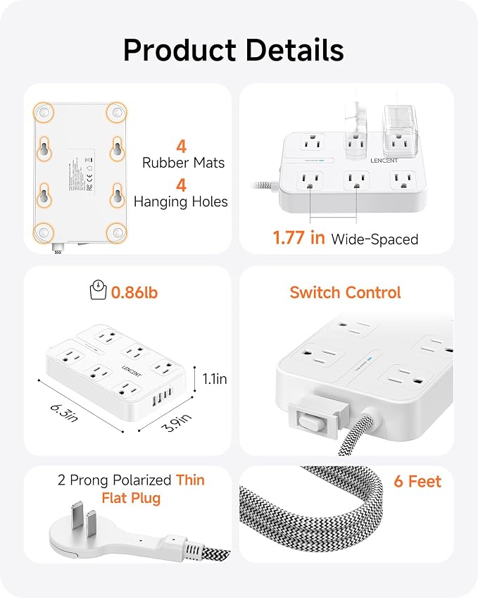 LENCENT 2 Prong Power Strip,2 Prong to 3 Prong Outlet Adapter,Two Prong Surge Protector, 6ft Braided Flat Plug Extension Cord, 6 AC & 4 USB (2 Type C), Wall Mount for Non-Grounded Outlet