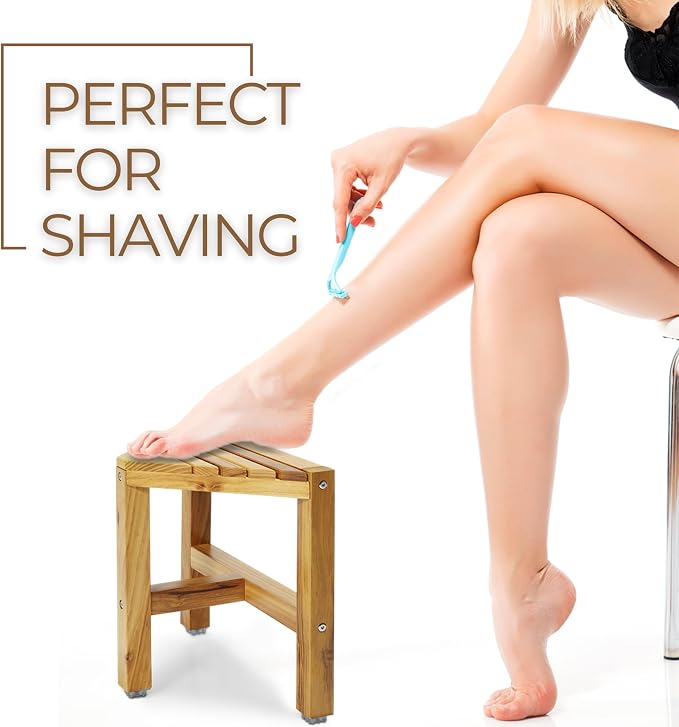 Teak Shower Stool, Teak Shower Bench, 12'' Shower Foot Rest for Shaving Legs, Waterproof Corner Shower Bench, Organizer Stool, Corner Seat for Bathroom Livingroom