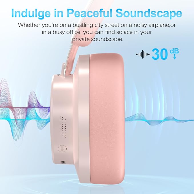 Over Ear Headphones Wireless Bluetooth, Noise Cancelling Headphones Bluetooth with Microphone, Cancelling Wireless Headphones Over Ear, 65h Playtime, Clear Calls, Comfort Fit For Travel (Pink)