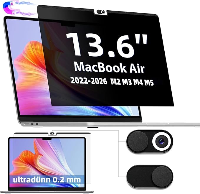 IPROKKO Magnetic Privacy Screen for MacBook Air 13-Inch&13.6in (2022-2026, M2, M3, M4, M5), Removable Anti Blue Light Glare Private Spy Filter Screen Cover Compatible with 13.6" Mac Laptop [2-in-1 Privacy Kit]