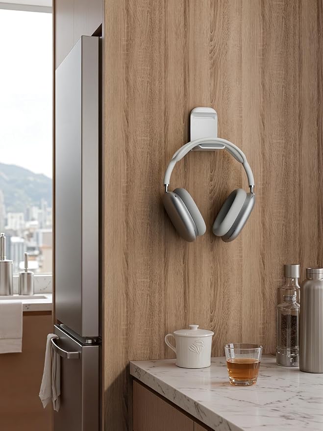 MAMUVIMO Headphone Stand, Headset Stand Foldable ＆ Sticky, Headphone Holder Hook Mount with Non-Slip Silicone, Adhesive Earphone Desk Hanger Clip Space-Saving for Airpods Max, All Earphones-White