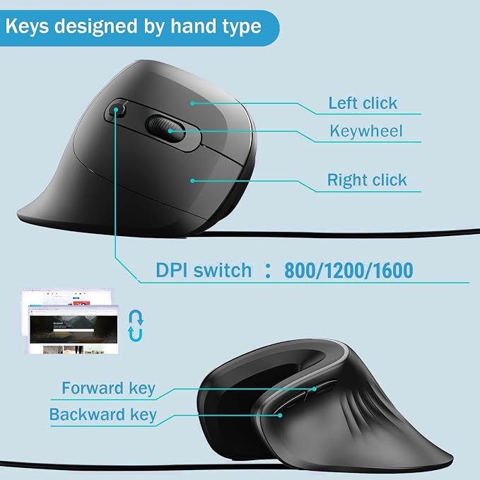 Super Space Vertical Mouse,Ergonomic Wired Computer Mouse with 6 Buttons,800/1200/2400/3200 DPI Wired Gaming Mouse for Laptop, Desktop, PC, MacBook - Black, Gift for Men Women