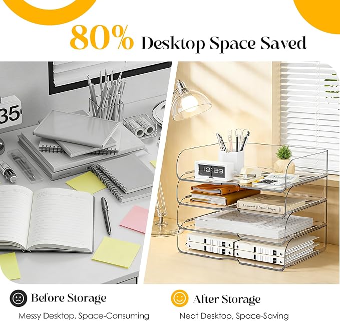 HIYOHIYO Clear Office A4 Paper Desk Organizer, Acrylic Desktop Organizer for A4 File Folder Stackable, Large Capacity Desk Letter Paper Holder, Organizer for Office File, 4 Tier Horizontal Style