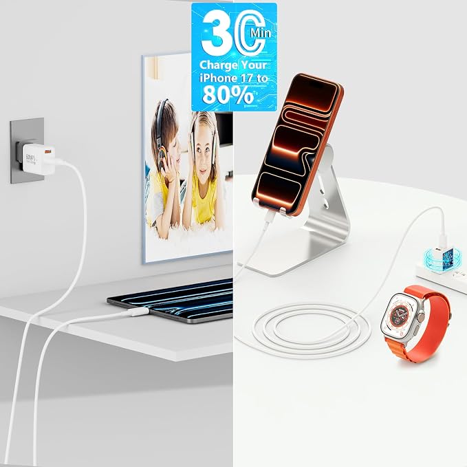 [Apple MFi Certified] iPhone 17 Charger Fast Charging, Linocell 4Pack 60W Dual Port USB C Charger Dynamic Power Adapter PD&QC Type C Wall Chargers + 6FT Type C Cord for iPhone 17/17 Pro/16 Pro/15/iPad