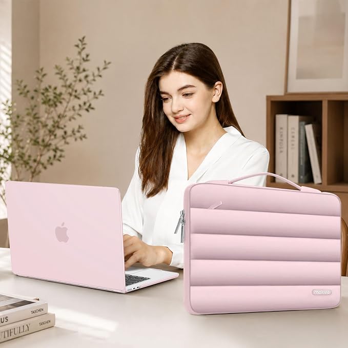 MOSISO Compatible with MacBook Air 15 inch Case M5 2026 M4 2025 M3 2024 M2 2023 A3448 A3241 A3114 A2941, Plastic Hard Shell Case&Puffy Sleeve Bag&Keyboard Skin&Webcam Cover&Screen Film, Baby Pink