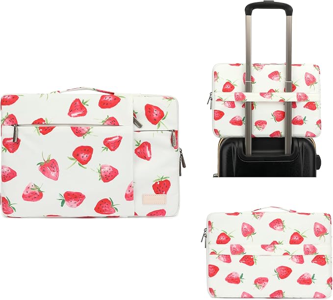 360° Protective Laptop Sleeve Case Bag with 3 Pockets,Handle,Luggage Strap for MacBook Pro 14 inch and 14 inch-14.4 inch Screen Laptop (Strawberry)