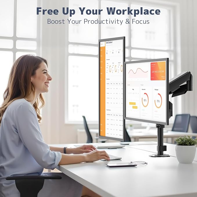 PUTORSEN Dual Monitor Stand for 17-32 Inch Screens,Holds up to 19.8lbs, Full Motion Adjustable Tilt Swivel Rotation, Space-Saving Desk Mount with C-Clamp & Grommet, VESA 75/100mm