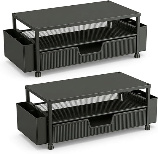 ECOLOVI Desk Organizer and Accessories, 2-Tier Computer Monitor Stand Rise with Storage Drawer & 2 Pen Holders, Laptop & Printer Stand for Desktop, Workspace Organizers for Office Supplies (Black 2-Pack))