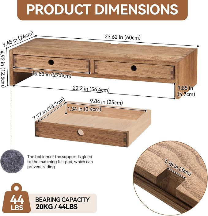 KIRIGEN Wood Monitor Stand with 2 Drawers, Solid Wood Computer Monitor Riser for Desk, Desktop Organizer Shelf with Cable Management, Pen Slots, Brown, No Assembly PMJ-DBR