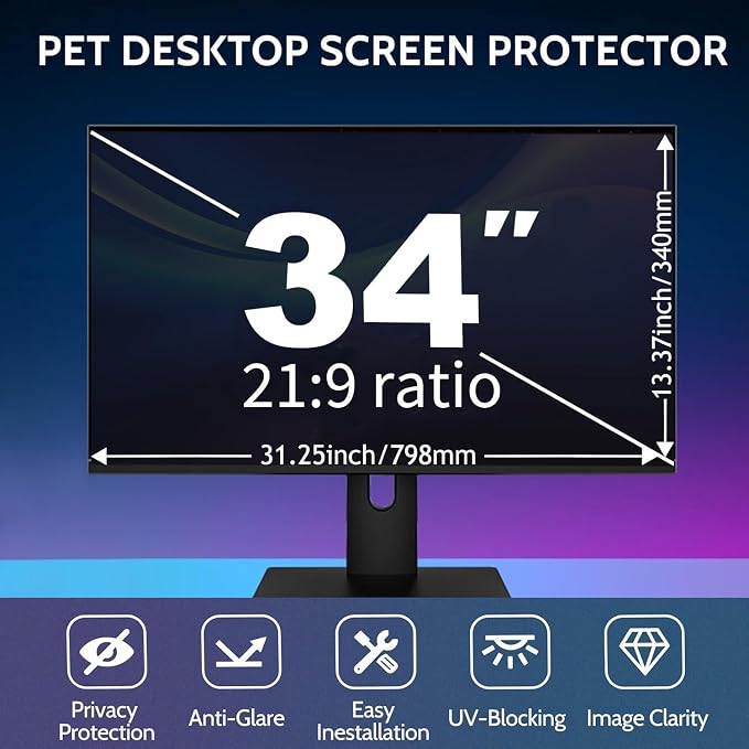 [1 Pack] 34 Inch Computer Privacy Screen for 21:9 Aspect Ratio Widescreen Monitor, Eye Protection Anti Glare Blue Light Filter Shield, Removable Anti-Scratch Anti Spy Protector