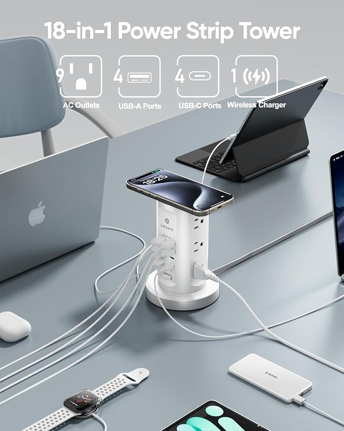 Kakyanill 30W USB Charging Station, Surge Protector Power Strip Tower, 9 AC Outlets with 8 USB Ports(4 USB-C), 6Ft Flat Plug Retractable Extension Cord, for Home Office Dorm, White